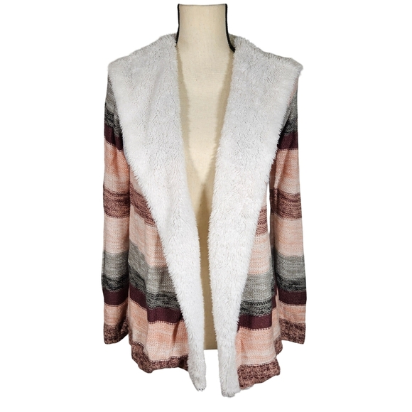 Crave Fame Sweaters - Crave Frame Open Front Hooded Cardigan, Pink/Purple/Grey, XS